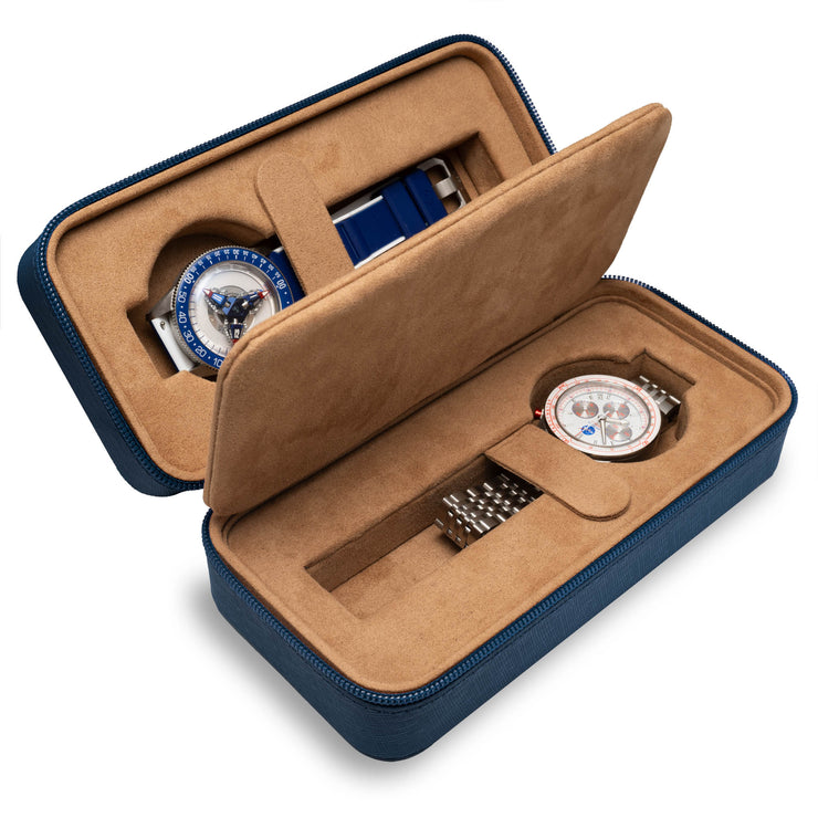 Two-watch Prussian Blue Saffiano Travel Case